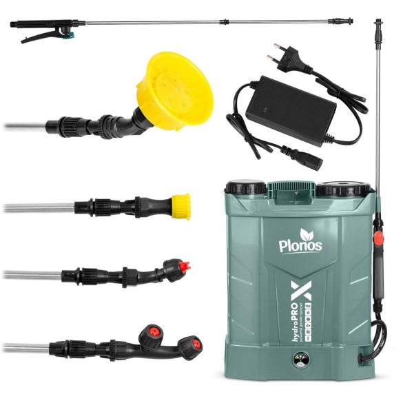 Akkumulátoros permetező, Plonos PL-602, sötétzöld, 16 l, háti pántos, 12 V 8,0 Ah, 4 fúvóka, PE tartály, akkumulátorrral és töltővel