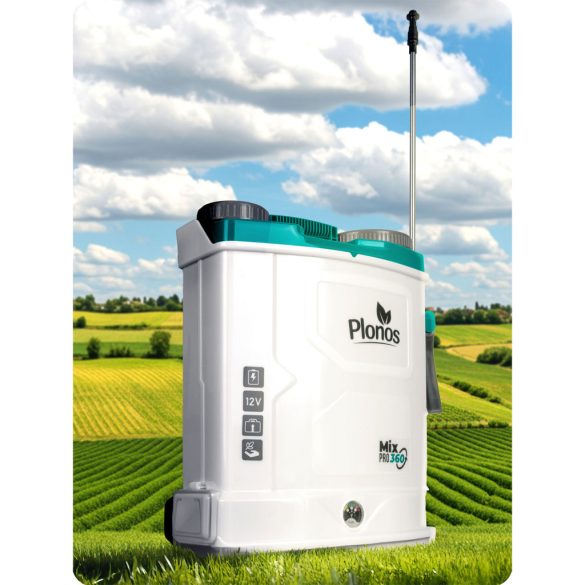Akkumulátoros permetező, Plonos PL-603, fehér, 16 l, háti pántos, 12 V 8,0 Ah, 5 fúvóka, PE tartály, akkumulátorral és töltővel