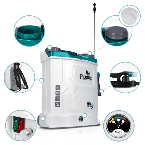 Akkumulátoros permetező, Plonos PL-603, fehér, 16 l, háti pántos, 12 V 8,0 Ah, 5 fúvóka, PE tartály, akkumulátorral és töltővel