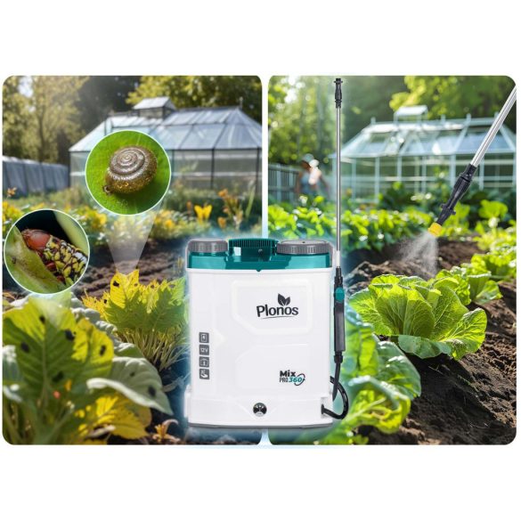 Akkumulátoros permetező, Plonos PL-603, fehér, 16 l, háti pántos, 12 V 8,0 Ah, 5 fúvóka, PE tartály, akkumulátorral és töltővel