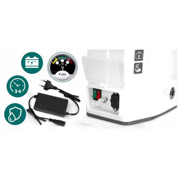 Akkumulátoros permetező, Plonos PL-603, fehér, 16 l, háti pántos, 12 V 8,0 Ah, 5 fúvóka, PE tartály, akkumulátorral és töltővel