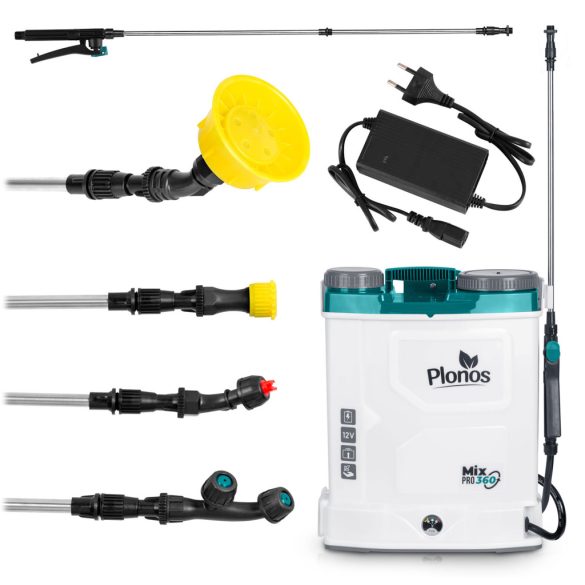 Akkumulátoros permetező, Plonos PL-603, fehér, 16 l, háti pántos, 12 V 8,0 Ah, 5 fúvóka, PE tartály, akkumulátorral és töltővel