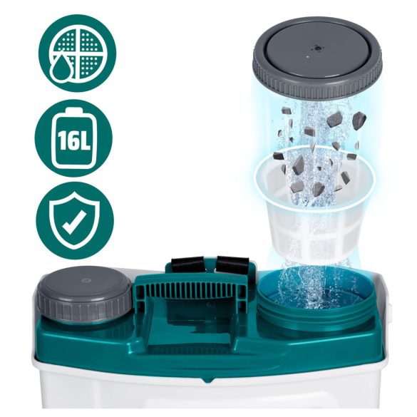 Akkumulátoros permetező, Plonos PL-603, fehér, 16 l, háti pántos, 12 V 8,0 Ah, 5 fúvóka, PE tartály, akkumulátorral és töltővel