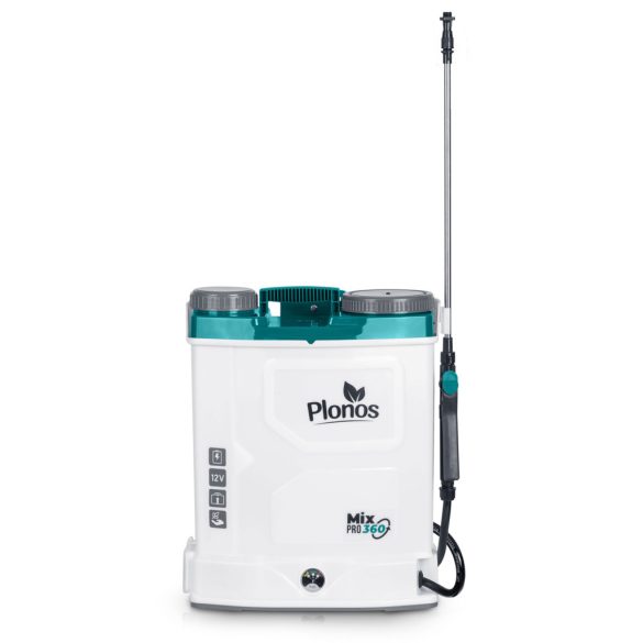 Akkumulátoros permetező, Plonos PL-603, fehér, 16 l, háti pántos, 12 V 8,0 Ah, 5 fúvóka, PE tartály, akkumulátorral és töltővel