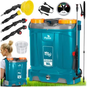 Akkumulátoros permetező, Plonos PL-604, kék, 16 l, háti pántos, 12 V 8,0 Ah, 4 fúvóka, PE tartály, akkumulátorral és töltővel