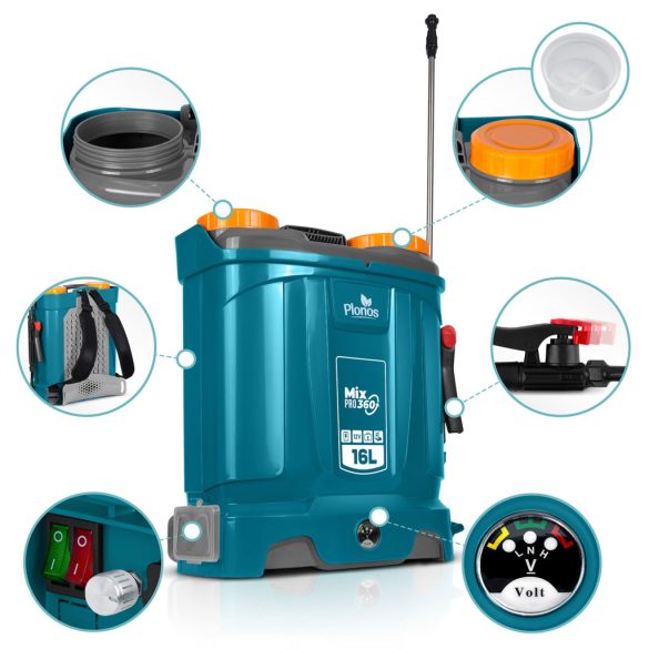 Akkumulátoros permetező, Plonos PL-604, kék, 16 l, háti pántos, 12 V 8,0 Ah, 4 fúvóka, PE tartály, akkumulátorral és töltővel