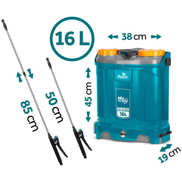 Akkumulátoros permetező, Plonos PL-604, kék, 16 l, háti pántos, 12 V 8,0 Ah, 4 fúvóka, PE tartály, akkumulátorral és töltővel