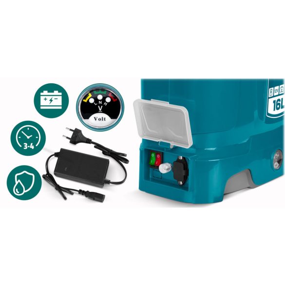 Akkumulátoros permetező, Plonos PL-604, kék, 16 l, háti pántos, 12 V 8,0 Ah, 4 fúvóka, PE tartály, akkumulátorral és töltővel