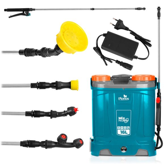 Akkumulátoros permetező, Plonos PL-604, kék, 16 l, háti pántos, 12 V 8,0 Ah, 4 fúvóka, PE tartály, akkumulátorral és töltővel