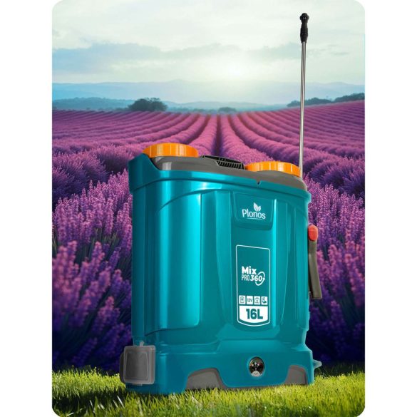 Akkumulátoros permetező, Plonos PL-604, kék, 16 l, háti pántos, 12 V 8,0 Ah, 4 fúvóka, PE tartály, akkumulátorral és töltővel