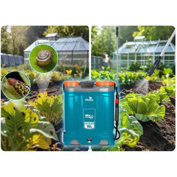 Akkumulátoros permetező, Plonos PL-604, kék, 16 l, háti pántos, 12 V 8,0 Ah, 4 fúvóka, PE tartály, akkumulátorral és töltővel