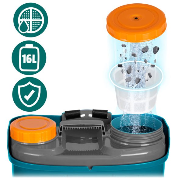 Akkumulátoros permetező, Plonos PL-604, kék, 16 l, háti pántos, 12 V 8,0 Ah, 4 fúvóka, PE tartály, akkumulátorral és töltővel