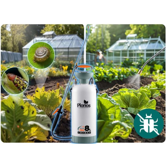 Kézi permetező, Plonos PL-605, fehér/zöld, 8 l, nyomásos kialakítás, állítható fúvóka, PE tartály