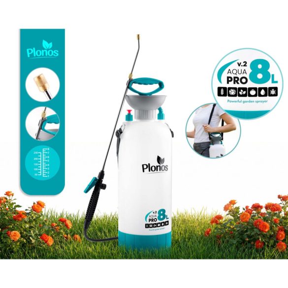 Kézi permetező, Plonos PL-605, fehér/türkiz, 8 l, nyomásos kialakítás, állítható fúvóka, PE tartály