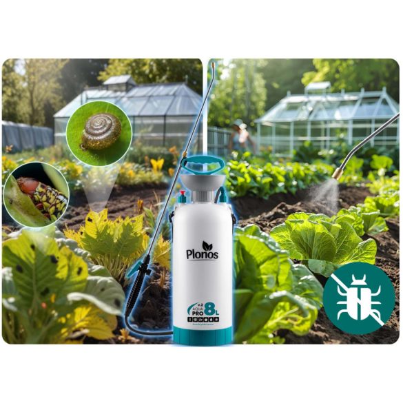 Kézi permetező, Plonos PL-605, fehér/türkiz, 8 l, nyomásos kialakítás, állítható fúvóka, PE tartály