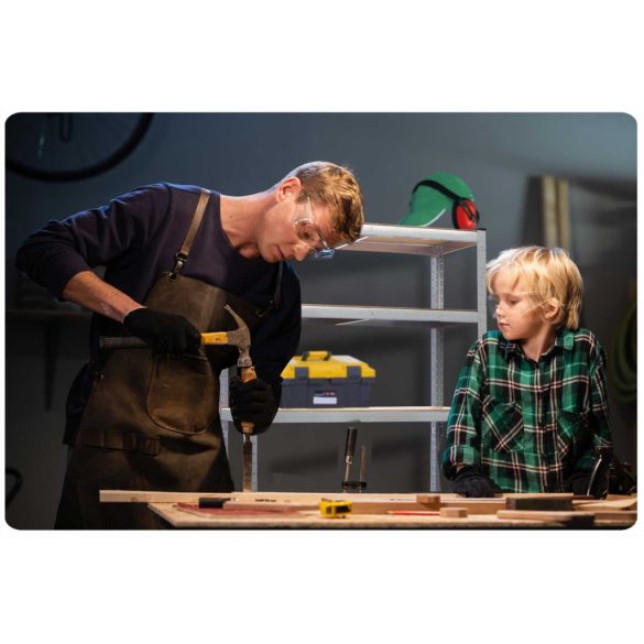 Műhelypolc, Plonos 470100, ezüst, 174 x 80 x 40 cm, 4 polcos, acél, MDF polclapok, állítható polcmagasság, teherbírás: 150 kg/polc