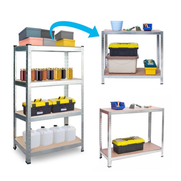 Műhelypolc, Plonos 470200, ezüst, 180 x 90 x 40 cm, 4 polcos, acél, MDF polclapok, állítható polcmagasság, teherbírás: 150 kg/polc