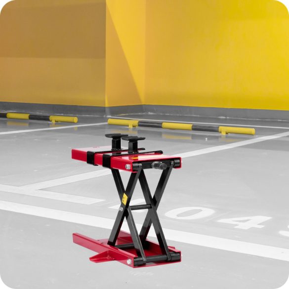 Motorkerékpár emelőbak, Humberg MP1, fekete-piros, porfestett acél, maximum 42,5 cm magasság, teherbírás: 500 kg