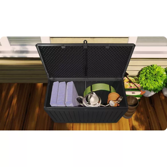 Kerti tárolóláda, Plonos, fekete, 109 x 51 x 55 cm, 270 l, időjárásálló PP műanyag, lakatolható, 2 fogantyú, teherbírás: 100 kg