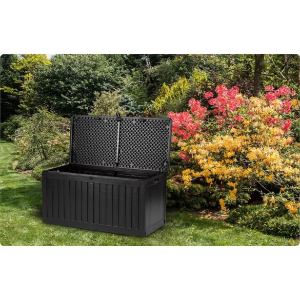 Kerti tárolóláda, Plonos, fekete, 109 x 51 x 55 cm, 270 l, időjárásálló PP műanyag, lakatolható, 2 fogantyú, teherbírás: 100 kg
