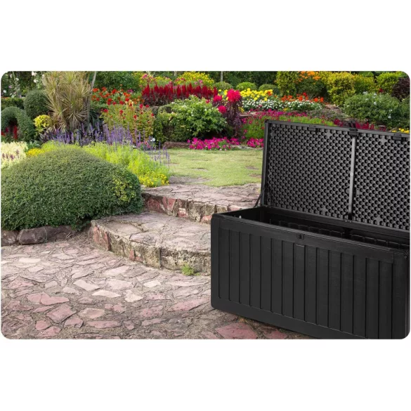 Kerti tárolóláda, Plonos, fekete, 109 x 51 x 55 cm, 270 l, időjárásálló PP műanyag, lakatolható, 2 fogantyú, teherbírás: 100 kg
