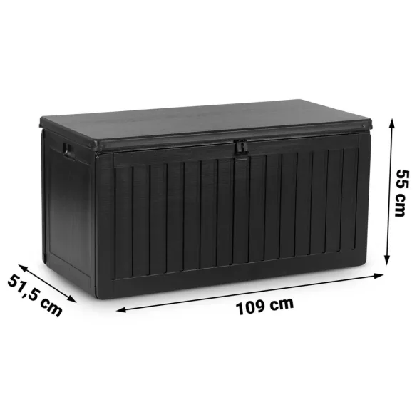 Kerti tárolóláda, Plonos, fekete, 109 x 51 x 55 cm, 270 l, időjárásálló PP műanyag, lakatolható, 2 fogantyú, teherbírás: 100 kg