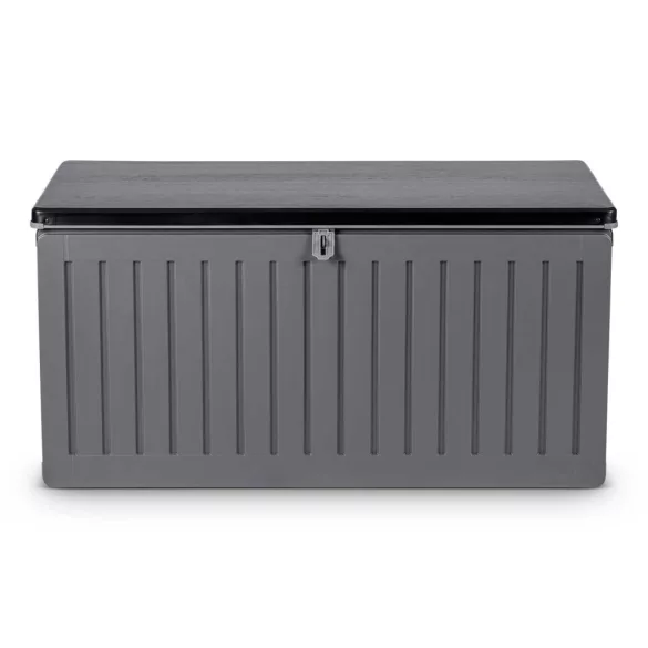Kerti tárolóláda, Plonos, szürke, 109 x 51 x 55 cm, 270 l, időjárásálló PP műanyag, lakatolható, 2 fogantyú, teherbírás: 100 kg