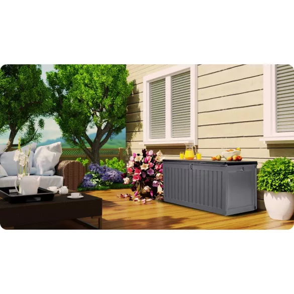 Kerti tárolóláda, Plonos, szürke, 109 x 51 x 55 cm, 270 l, időjárásálló PP műanyag, lakatolható, 2 fogantyú, teherbírás: 100 kg