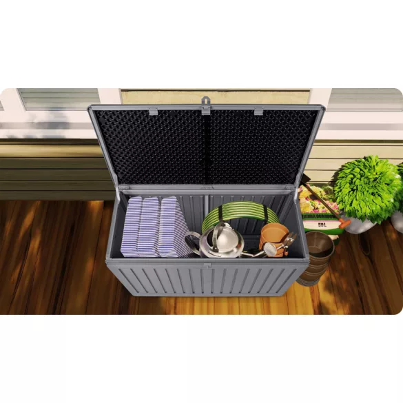 Kerti tárolóláda, Plonos, szürke, 109 x 51 x 55 cm, 270 l, időjárásálló PP műanyag, lakatolható, 2 fogantyú, teherbírás: 100 kg