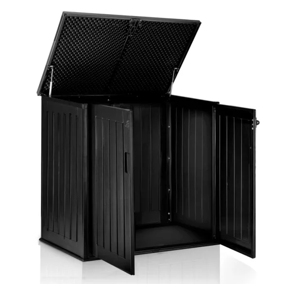 Kerti tárolóláda, Plonos, fekete, 116 x 112,5 x 71 cm, 775 l, időjárásálló PP műanyag, lakatolható, 2 ajtós, teherbírás: 200 kg