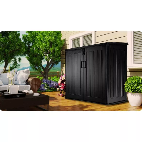 Kerti tárolóláda, Plonos, fekete, 116 x 112,5 x 71 cm, 775 l, időjárásálló PP műanyag, lakatolható, 2 ajtós, teherbírás: 200 kg