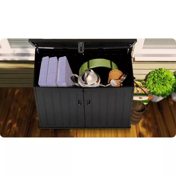 Kerti tárolóláda, Plonos, fekete, 116 x 112,5 x 71 cm, 775 l, időjárásálló PP műanyag, lakatolható, 2 ajtós, teherbírás: 200 kg