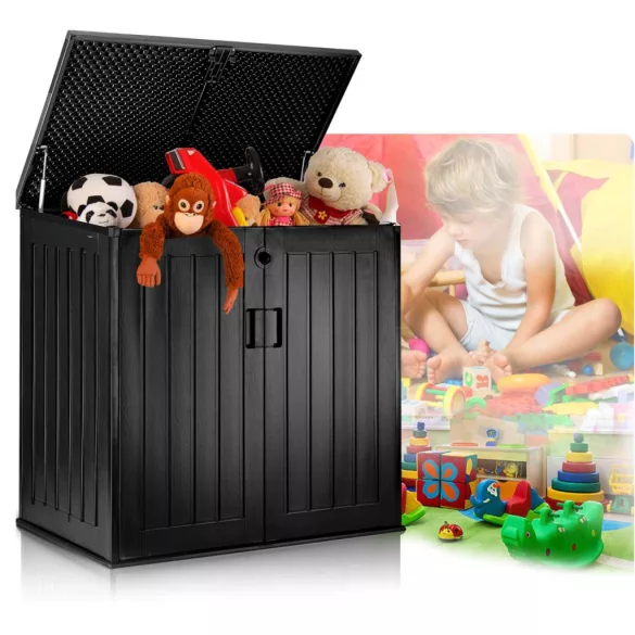 Kerti tárolóláda, Plonos, fekete, 116 x 112,5 x 71 cm, 775 l, időjárásálló PP műanyag, lakatolható, 2 ajtós, teherbírás: 200 kg