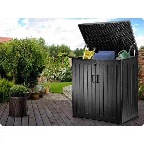 Kerti tárolóláda, Plonos, fekete, 116 x 112,5 x 71 cm, 775 l, időjárásálló PP műanyag, lakatolható, 2 ajtós, teherbírás: 200 kg
