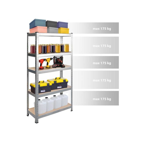 Műhelypolc szett, Humberg HR-812, ezüst, 180 × 90 × 40 cm, 5 polcos, acél, MDF polclapok, állítható polcmagasság, teherbírás: 175 kg/polc, 2 db-os szett