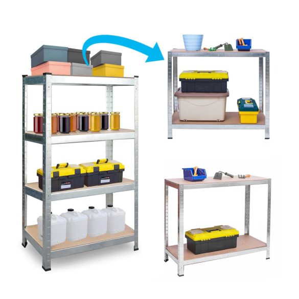 Műhelypolc szett, Humberg HR-812, ezüst, 180 × 90 × 40 cm, 5 polcos, acél, MDF polclapok, állítható polcmagasság, teherbírás: 175 kg/polc, 2 db-os szett