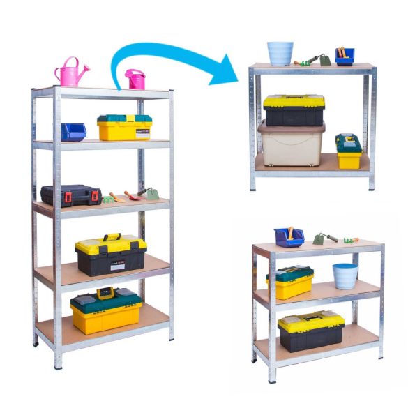 Műhelypolc, Humberg HR-812, ezüst, 180 × 90 × 40 cm, 5 polcos, acél, MDF polclapok, állítható polcmagasság, teherbírás: 175 kg/polc