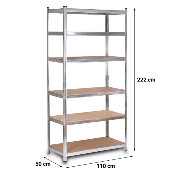 Műhelypolc, Humberg HR-815, ezüst, 222 x 110 x 50 cm, 6 polcos, acél, MDF polclapok, állítható polcmagasság, teherbírás: 150 kg/polc