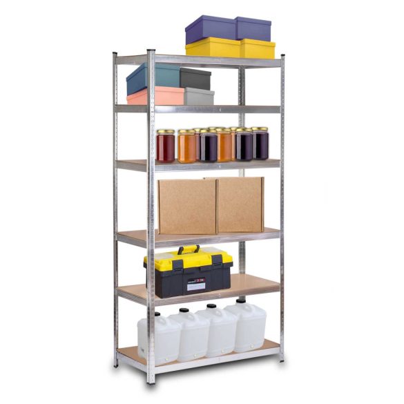 Műhelypolc, Humberg HR-815, ezüst, 222 x 110 x 50 cm, 6 polcos, acél, MDF polclapok, állítható polcmagasság, teherbírás: 150 kg/polc