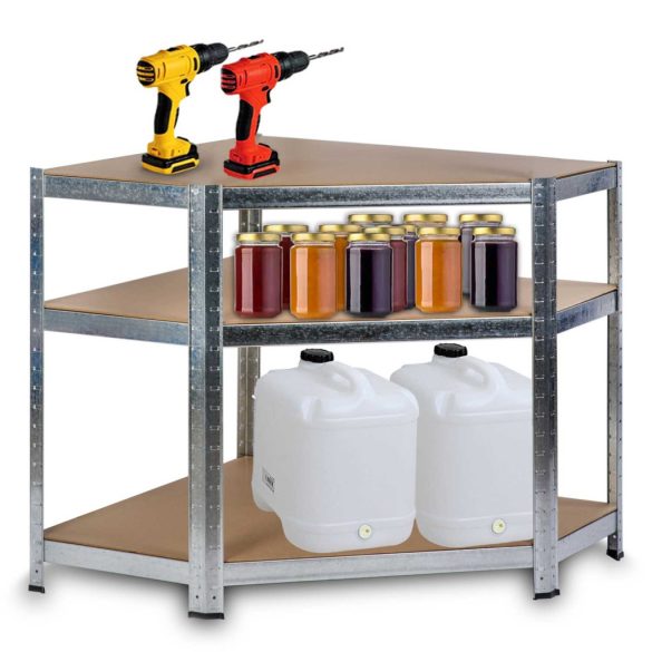 Műhelypolc, Humberg HR-817, ezüst, 180 x 90 x 40 cm, sarok, 5 polcos, acél, MDF polcalpok, állítható polcmagasság, teherbírás: 175 kg/polc
