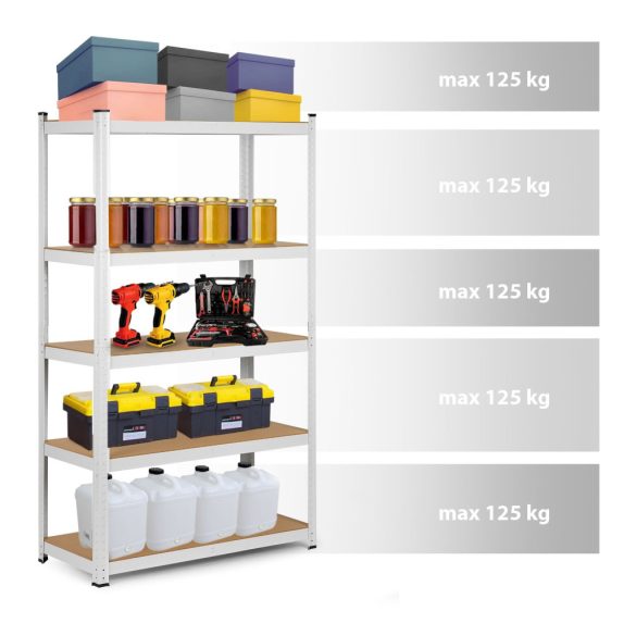 Műhelypolc, Humberg 4841, fehér, 150 x 75 x 30 cm, 5 polcos, acél, MDF polclapok, állítható polcmagasság, teherbírás: 125 kg/polc