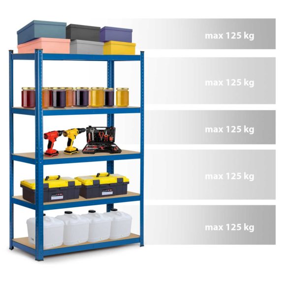 Műhelypolc, Humberg 4842, kék, 150 x 75 x 30 cm, 5 polcos, acél, MDF polclapok, állítható polcmagasság, teherbírás: 125 kg/polc