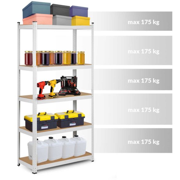 Műhelypolc, Humberg 4844, fehér, 180 x 90 x 30 cm, 5 polcos, acél, MDF polclapok, állítható polcmagasság, teherbírás: 175 kg/polc