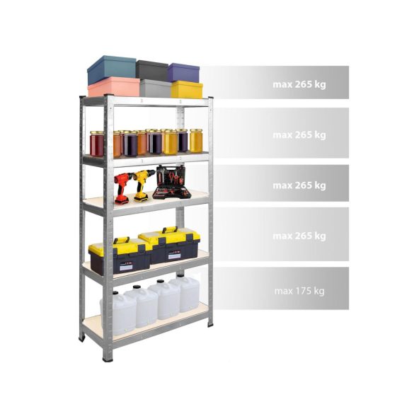 Műhelypolc, Humberg 4850, ezüst, 205 x 120 x 45 cm, 5 polcos, acél, MDF polclapok, állítható polcmagasság, teherbírás: 200 kg/polc