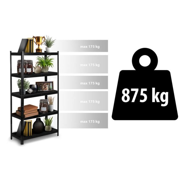 Műhelypolc, Humberg HR-851, fekete, fekete polcok, 180 × 90 × 40 cm, 5 polcos, acél, MDF polclapok, állítható polcmagasság, teherbírás: 175 kg/polc