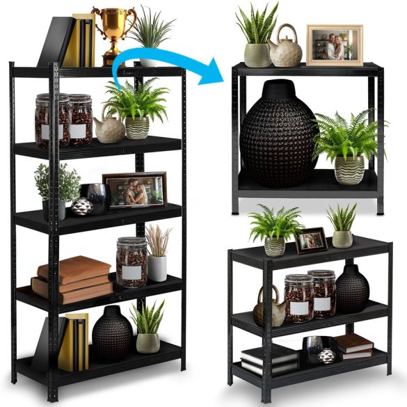 Műhelypolc, Humberg HR-851, fekete, fekete polcok, 180 × 90 × 40 cm, 5 polcos, acél, MDF polclapok, állítható polcmagasság, teherbírás: 175 kg/polc