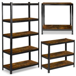   Műhelypolc, Humberg HR-852, fekete, faerezetű polcok, 180 × 90 × 40 cm, 5 polcos, acél, MDF polclapok, állítható polcmagasság, teherbírás: 175 kg/polc