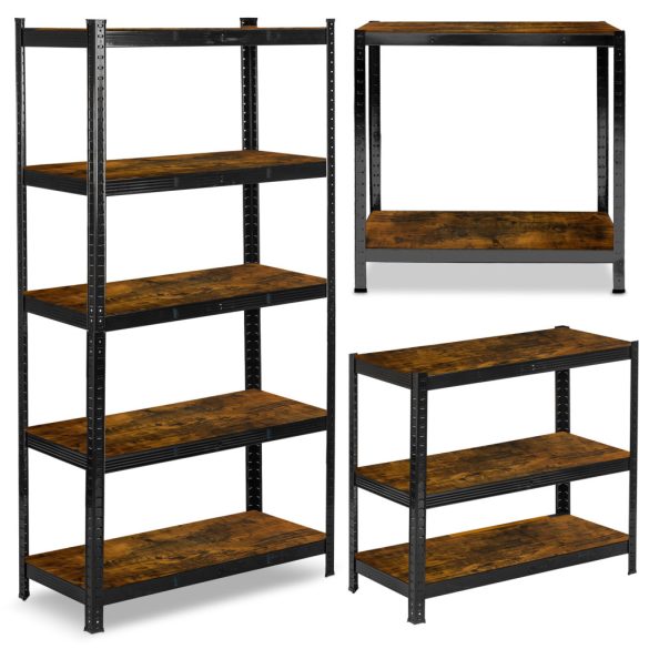 Műhelypolc, Humberg HR-852, fekete, faerezetű polcok, 180 × 90 × 40 cm, 5 polcos, acél, MDF polclapok, állítható polcmagasság, teherbírás: 175 kg/polc