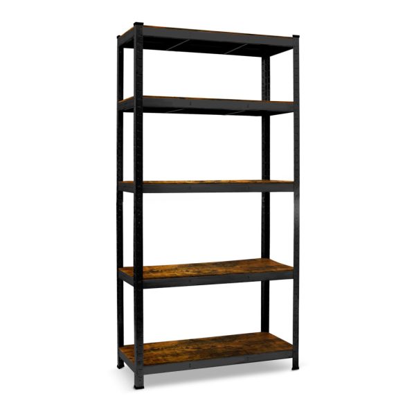 Műhelypolc, Humberg HR-852, fekete, faerezetű polcok, 180 × 90 × 40 cm, 5 polcos, acél, MDF polclapok, állítható polcmagasság, teherbírás: 175 kg/polc