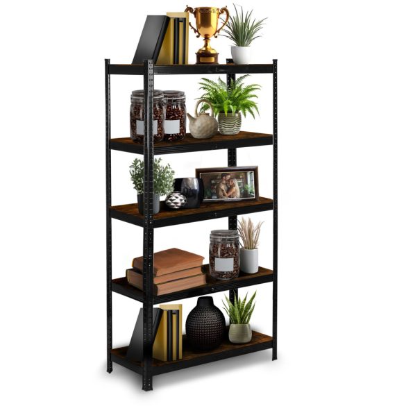 Műhelypolc, Humberg HR-852, fekete, faerezetű polcok, 180 × 90 × 40 cm, 5 polcos, acél, MDF polclapok, állítható polcmagasság, teherbírás: 175 kg/polc